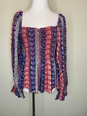 Sugarfox Boho Puff Sleeve Striped Floral Blouse Sz 1X